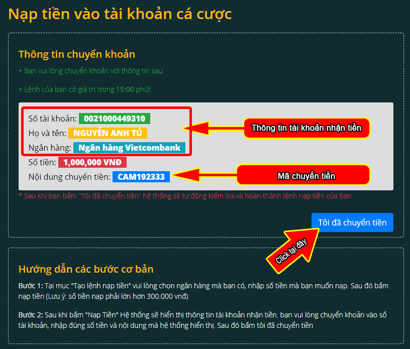 Chuyển tiền vào tài khoản nhận tiền